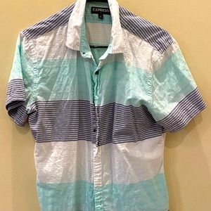 Short sleeve button-up white, gray, and aqua